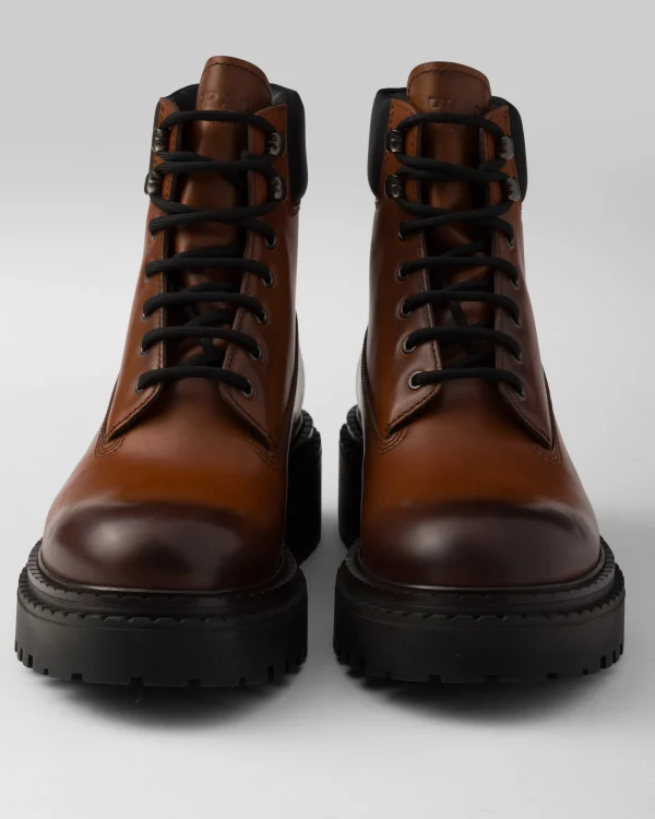 Boots*Prada Leather and Re-Nylon work boots Cognac