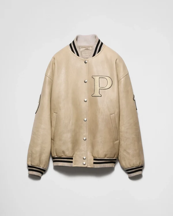 Leather Clothing*Prada Leather bomber jacket with patch Ivory