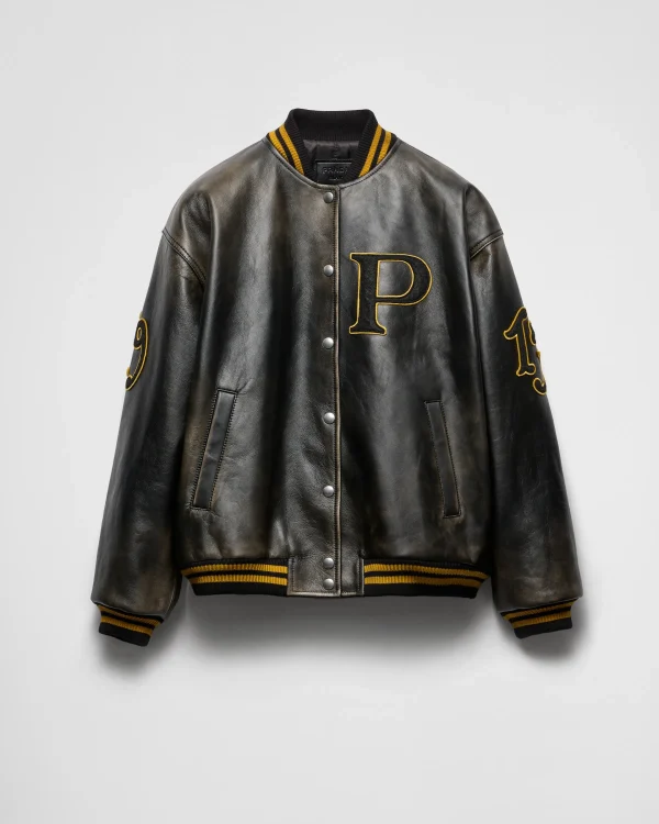 Leather Clothing*Prada Leather bomber jacket with patch Black