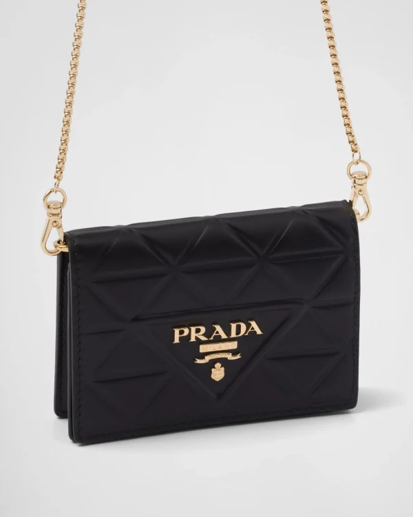 Card Holders*Prada Leather card holder with shoulder strap Black