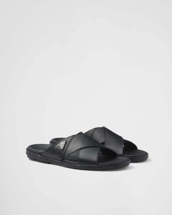 Sandals*Prada Leather crisscross slides Black