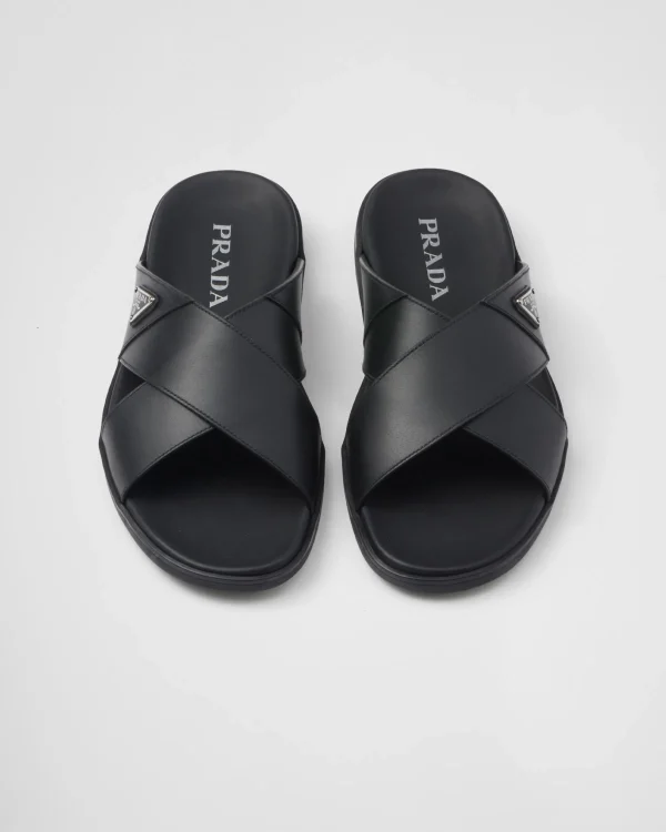 Sandals*Prada Leather crisscross slides Black