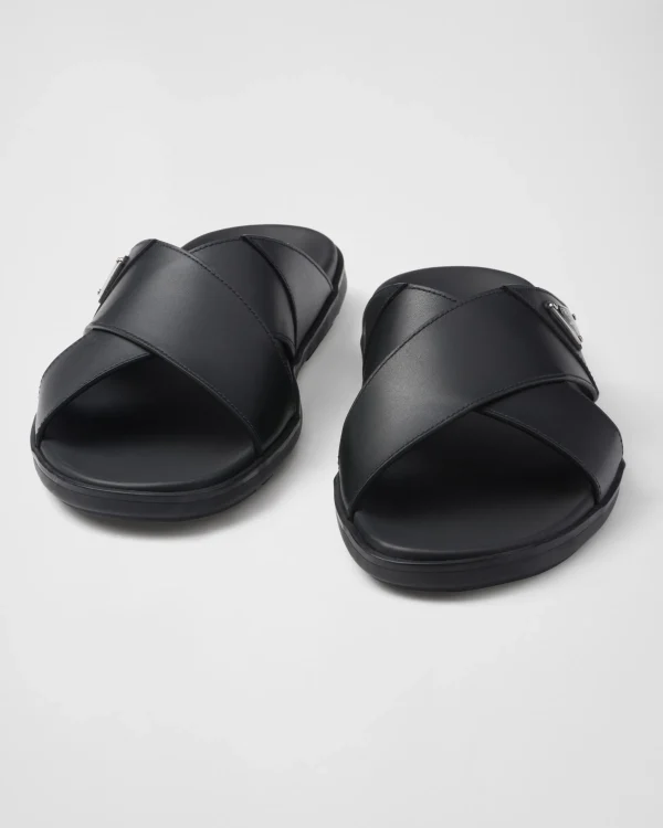 Sandals*Prada Leather crisscross slides Black