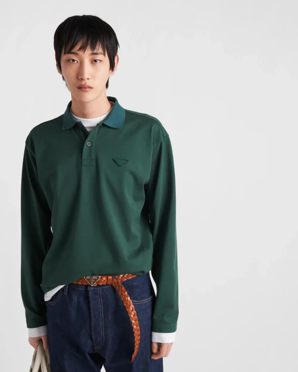 T-shirts And Polo Shirts*Prada Long-sleeved cotton polo shirt Firgreen