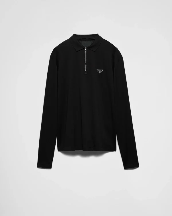 T-shirts And Polo Shirts*Prada Long-sleeved piqué and Re-Nylon polo shirt Black