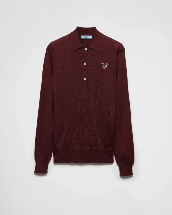 Knitwear*Prada Long-sleeved silk polo shirt Amaranthred/maizeyellow