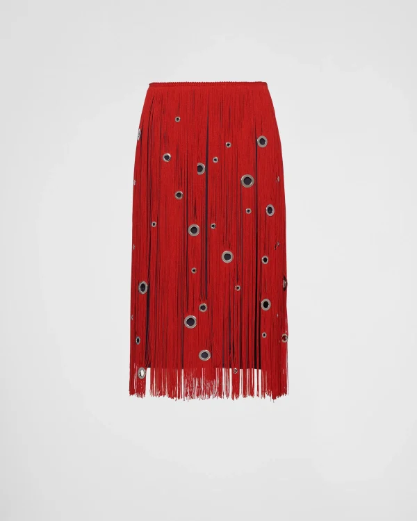 Skirts*Prada Midi-skirt with fringe and grommet embellishment Red