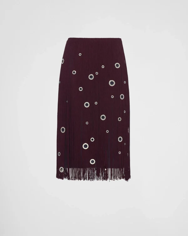 Skirts*Prada Midi-skirt with fringe and grommet embellishment Darkred