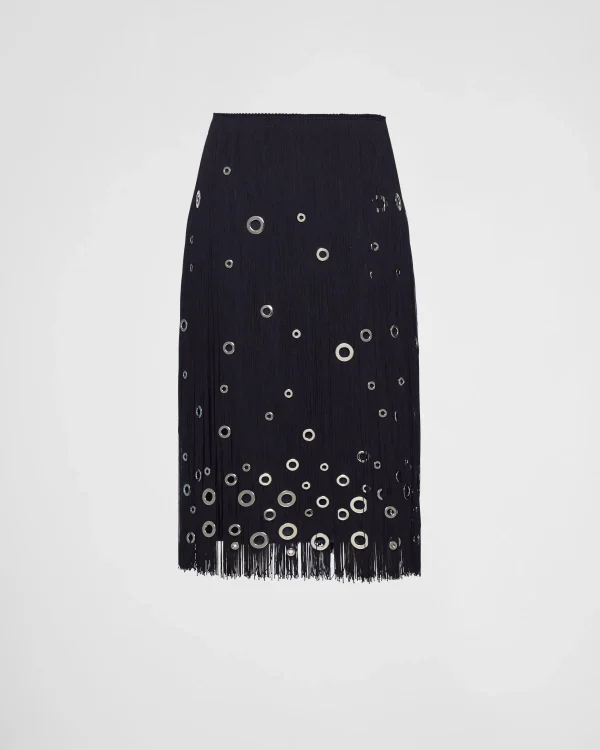 Skirts*Prada Midi-skirt with fringe and grommet embellishment Navy