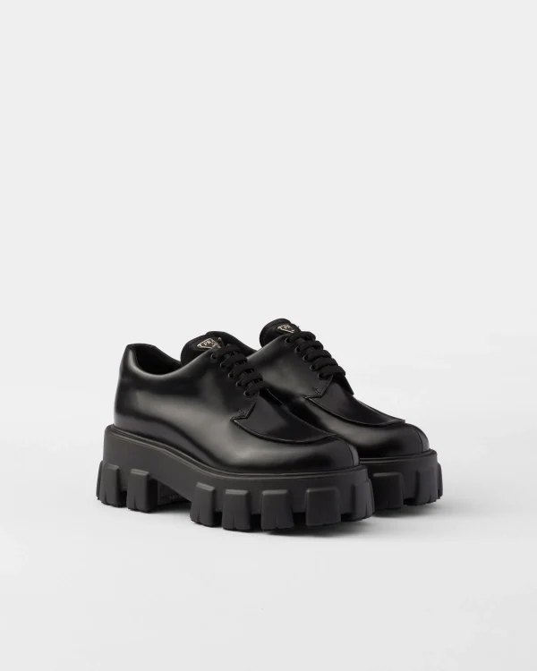 Loafers And Lace-ups*Prada Monolith brushed leather lace-up shoes Black