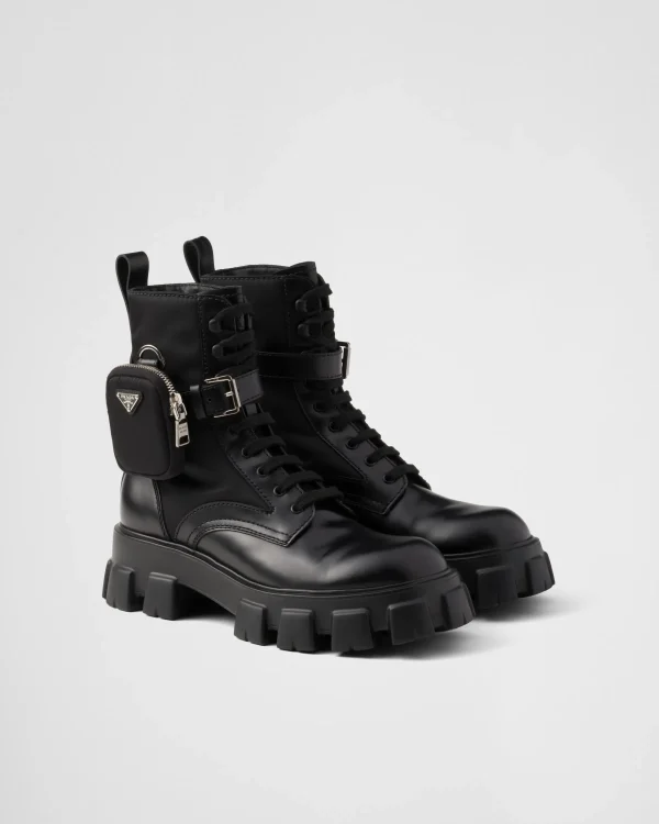 Boots*Prada Monolith brushed leather and Re-Nylon boots with pouch Black