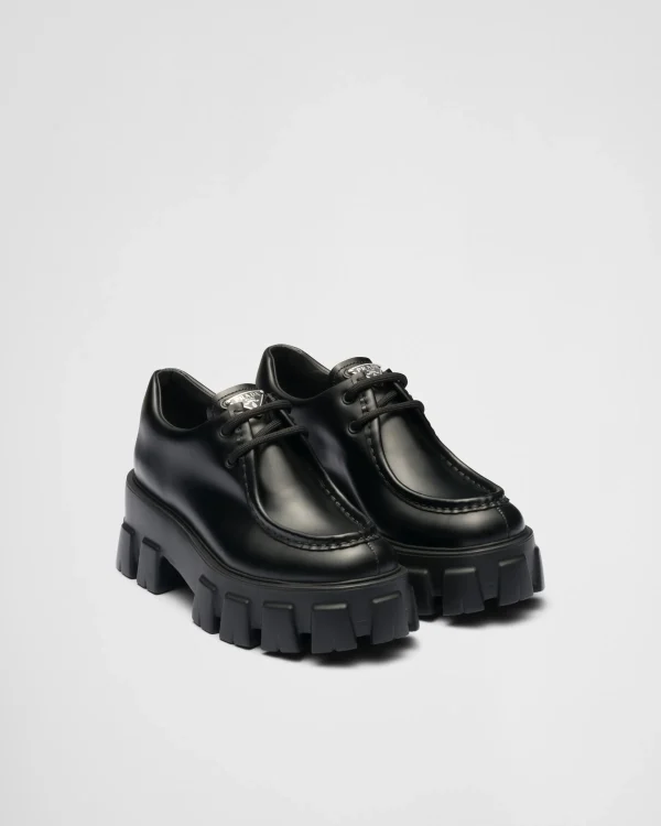 Loafers And Lace-ups*Prada Monolith brushed leather lace-up shoes Black