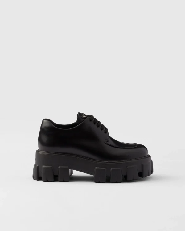 Loafers And Lace-ups*Prada Monolith brushed leather lace-up shoes Black