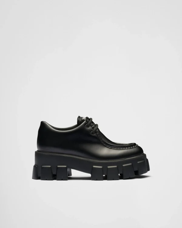 Loafers And Lace-ups*Prada Monolith brushed leather lace-up shoes Black