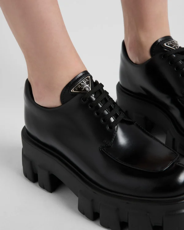 Loafers And Lace-ups*Prada Monolith brushed leather lace-up shoes Black