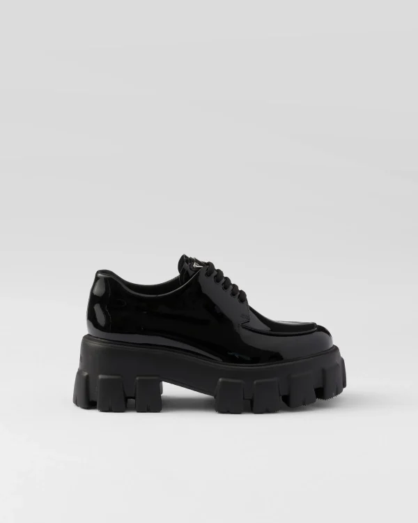 Loafers And Lace-ups*Prada Monolith patent leather lace-up shoes Black