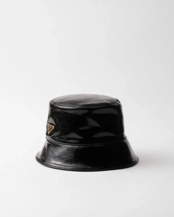 Hats And Gloves*Prada Naplak patent leather bucket hat Black