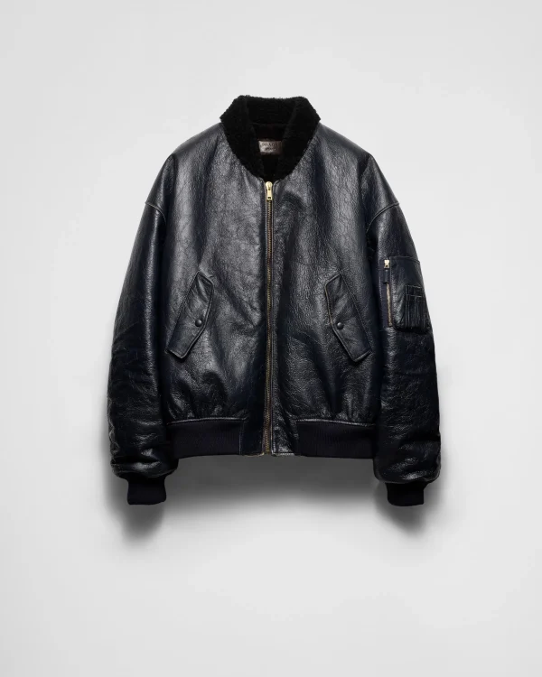 Leather Clothing*Prada Nappa leather and shearling oversized bomber jacket Blue/black