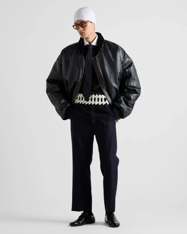 Leather Clothing*Prada Nappa leather and shearling oversized bomber jacket Blue/black