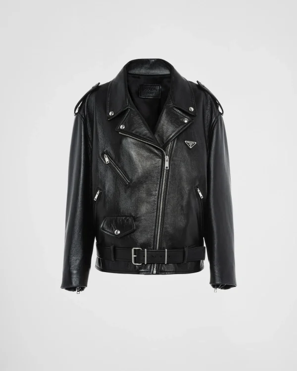 Leather Clothing*Prada Nappa leather biker jacket Black