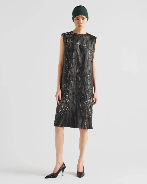 Leather Clothing*Prada Nappa leather patchwork dress Black