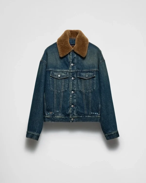 Denim*Prada Padded denim blouson jacket with shearling collar Navy