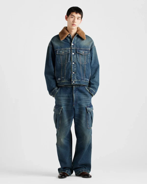 Denim*Prada Padded denim blouson jacket with shearling collar Navy