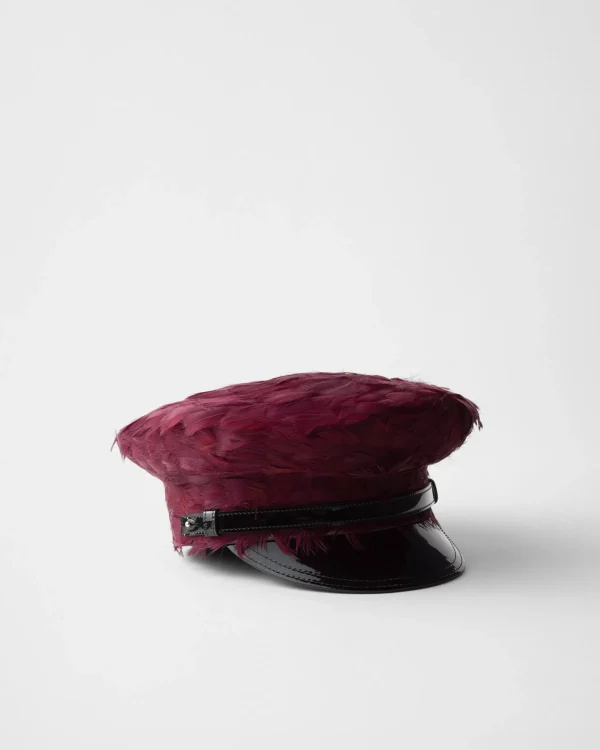 Hats And Gloves*Prada Patent leather and feather hat Burgundy