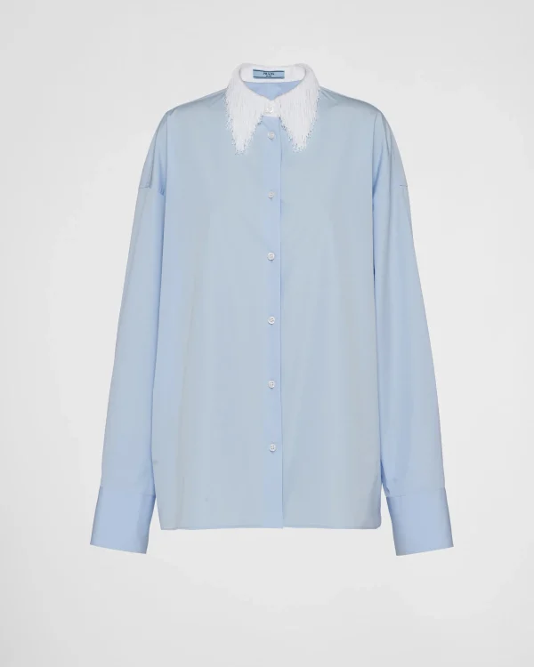 Shirts And Tops*Prada Poplin shirt with fringed collar Lightblue