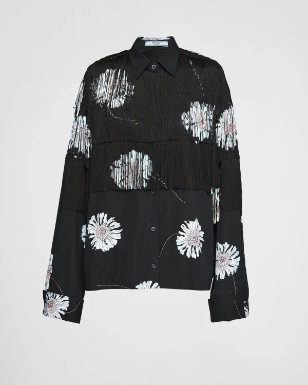 Shirts And Tops*Prada Printed poplin shirt with fringe Astro