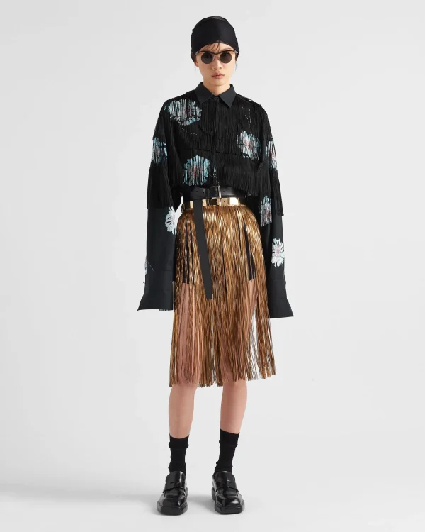 Shirts And Tops*Prada Printed poplin shirt with fringe Astro