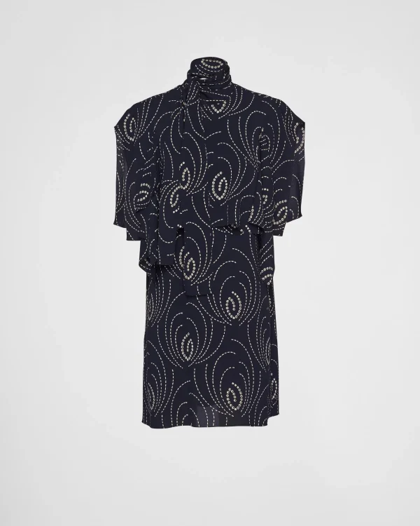 Dresses*Prada Printed sablé mini-dress with scarf collar Navy