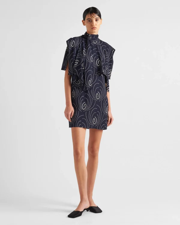 Dresses*Prada Printed sablé mini-dress with scarf collar Navy