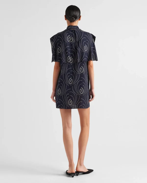 Dresses*Prada Printed sablé mini-dress with scarf collar Navy