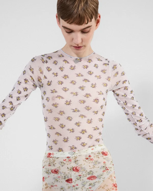 Shirts And Tops*Prada Printed stretch tulle bodysuit Yellow