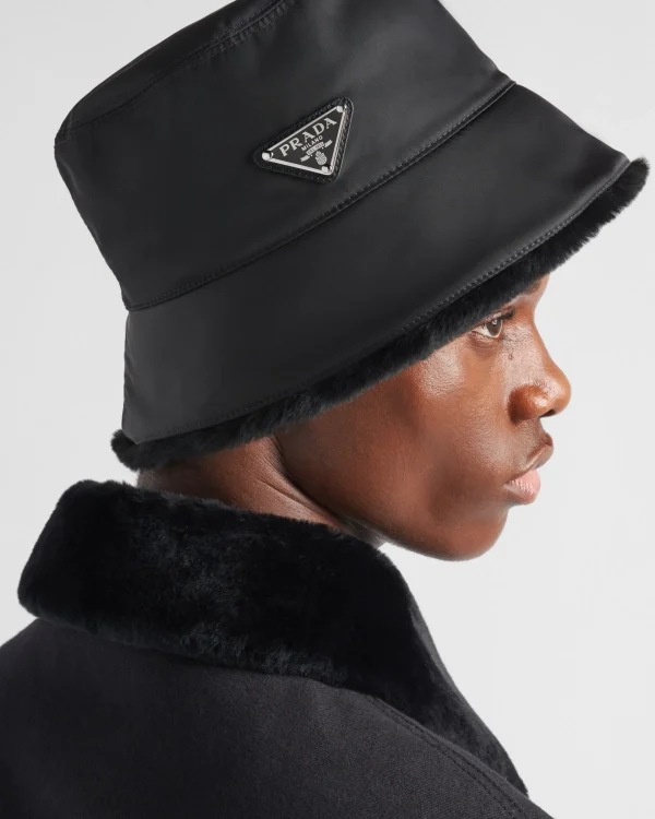 Hats And Gloves*Prada Re-Nylon and shearling bucket hat Black