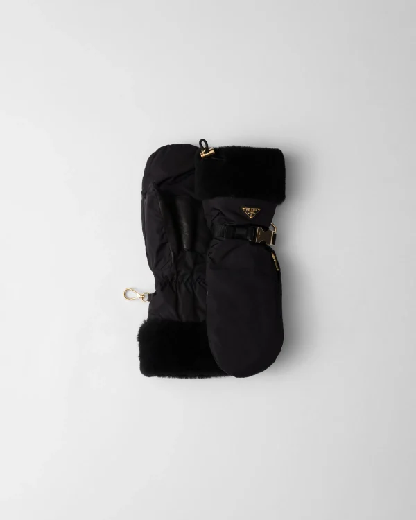 Hats And Gloves*Prada Re-Nylon and shearling mittens Black