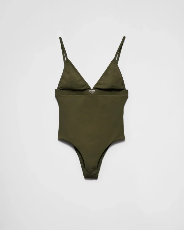 Swimwear*Prada Ribbed knit one-piece swimsuit Camouflagegreen