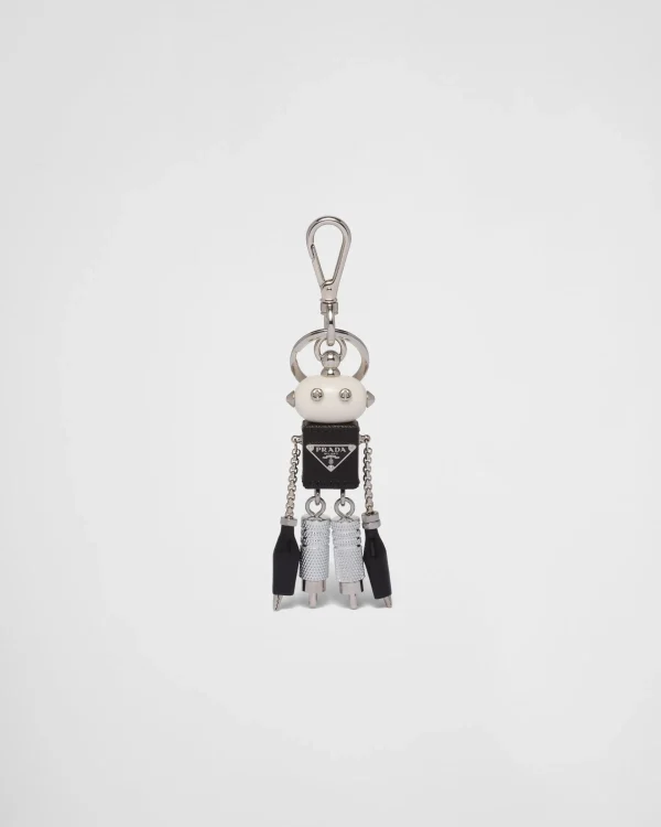 Bag Charms And Keychains*Prada Robot Saffiano leather bag charm Steel/black