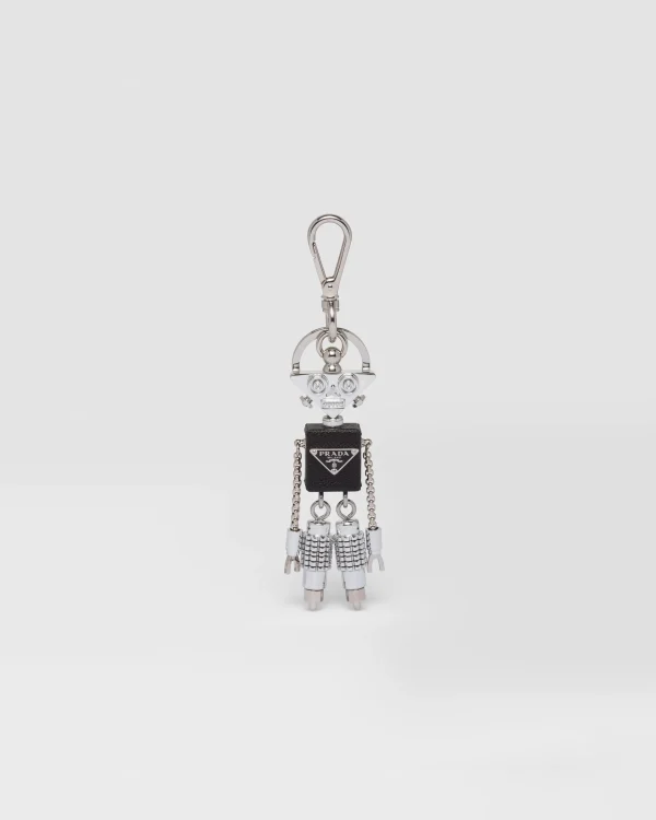 Bag Charms And Keychains*Prada Robot Saffiano leather bag charm Steel/black