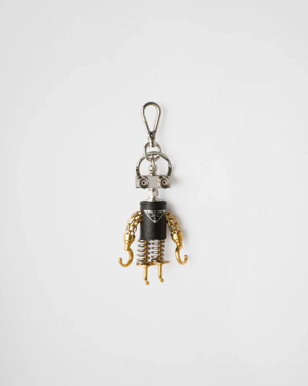 Bag Charms And Keychains*Prada Robot Saffiano leather bag charm Steel/black