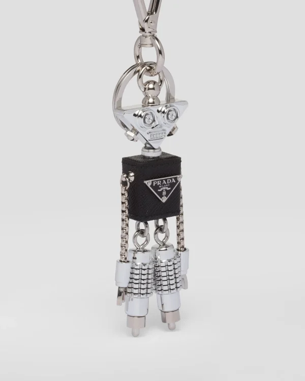 Bag Charms And Keychains*Prada Robot Saffiano leather bag charm Steel/black