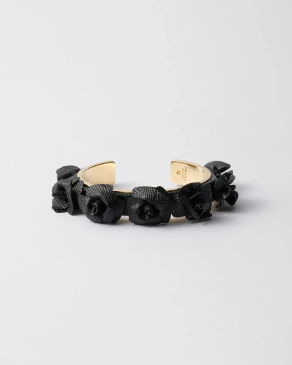 Jewels*Prada Saffiano leather and metal bracelet Black