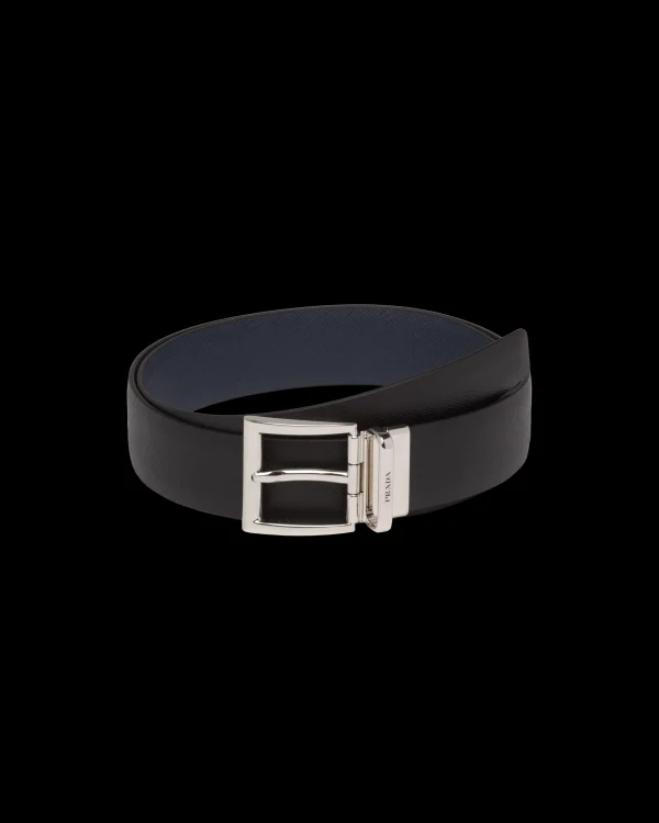 Belts*Prada Saffiano Leather Reversible Belt Black/balticblue