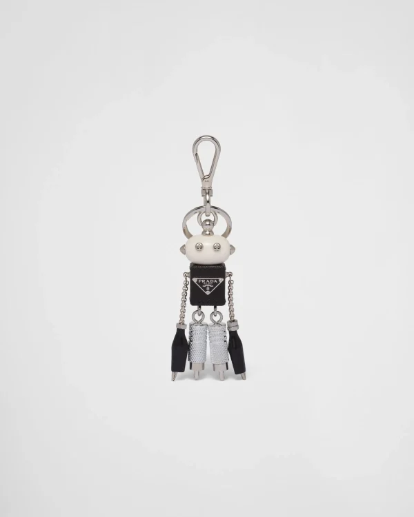 Bag Charms And Keychains*Prada Saffiano leather Robot bag charm Steel/black