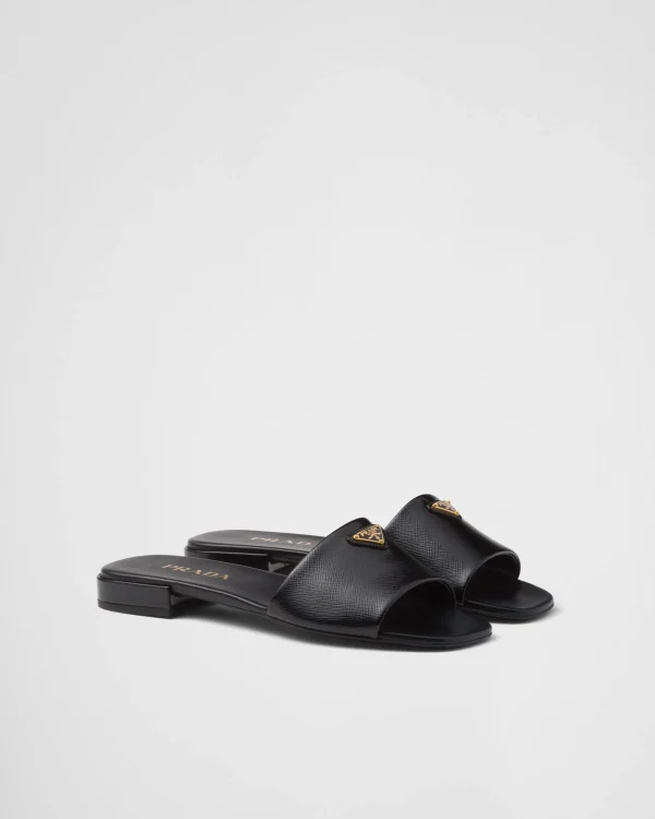 Slippers And Mules*Prada Saffiano patent leather slides Black