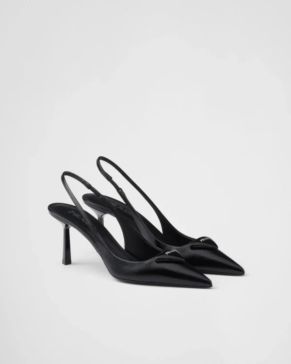 Pumps And Ballerinas*Prada Saffiano patent leather slingback pumps Black