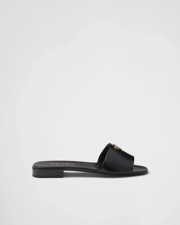 Slippers And Mules*Prada Saffiano patent leather slides Black