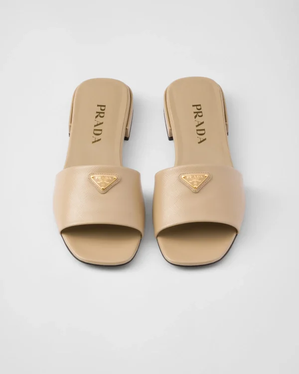 Slippers And Mules*Prada Saffiano patent leather slides Sandbeige