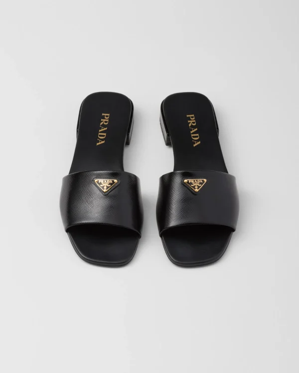 Slippers And Mules*Prada Saffiano patent leather slides Black